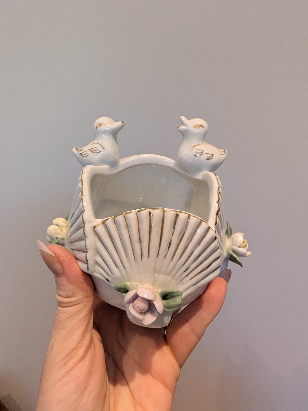 Aris White Ceramic Shell Planter with Pink Floral Accents and Doves